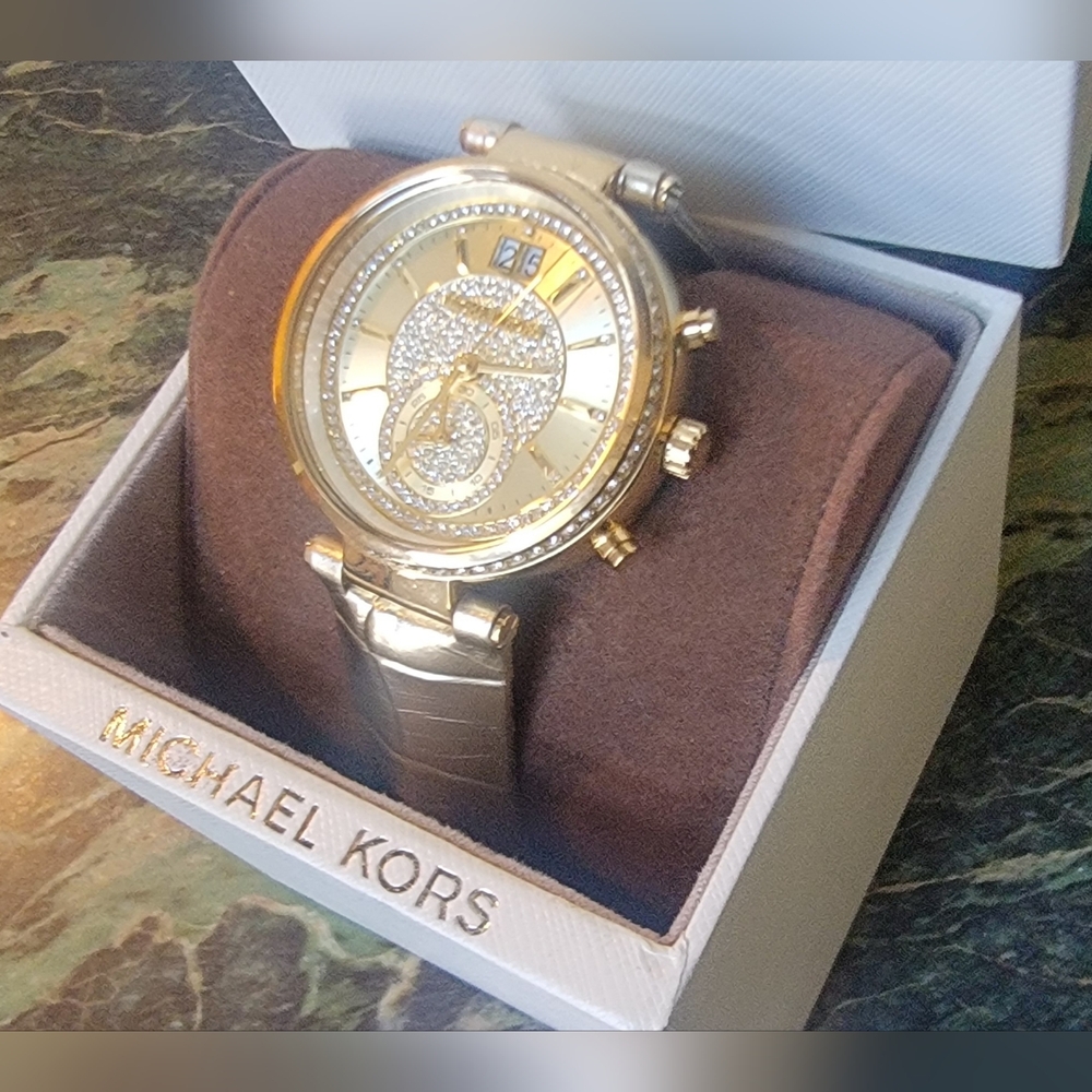 MICHAEL KORS GOLD Crystal Bezel Ladies Watch GOLD Leather Snake Strap Box $325 - Picture 3 of 13